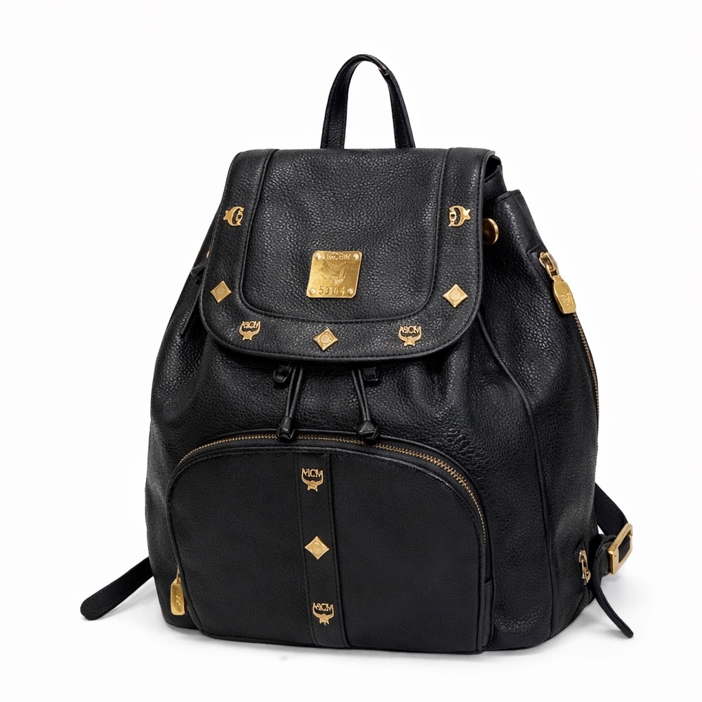 MCM Black Leather Backpack with Gold Accents